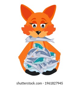 Fox and a plate of fish. Fox icon. Baner. Animal. Cartoon character. Vector. Can be used to create stickers, magnets, collages in web design.