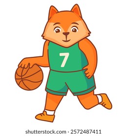 Fox play basketball.Fox
basketball cartoon mascot.Sport animal cute fox basketball player.Isolated on white background.Vector illustration.