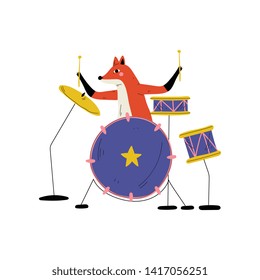 Fox Playing Drums, Cute Cartoon Animal Musician Character Playing Percussion Musical Instrument Vector Illustration