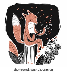 The fox is playing the music, Collection of hand drawn. Vector illustration in sketch doodle style.	