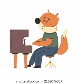 Fox playing on piano vector cartoon musician animal character isolated on a white background.