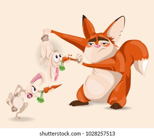 Fox playing with rabbits Vector cartoon character