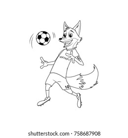 Fox playing soccer, character line art illustration for coloring book or page