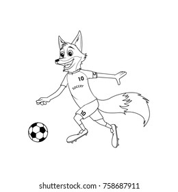 Fox playing soccer, character line art illustration for coloring book or page