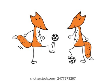 Fox plays football. Set of cute animals doing sports. Sports training with a ball. Simple vector cartoon icons on white isolated background.