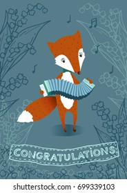 Fox plays the harmonica. Greeting card.