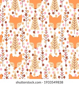 Fox polka dot seamless scandinavian pattern. Vector kids background with fox and different elements. Design for prints