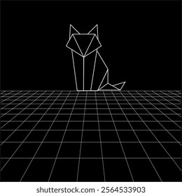 Fox polygonal lines on the Synthwave vaporwave, perspective grids, wireframe landscape background, laser grid in deep space. Vector Illustration