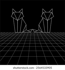 Fox polygonal lines on the Synthwave vaporwave, perspective grids, wireframe landscape background, laser grid in deep space. Vector Illustration