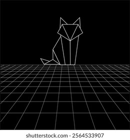 Fox polygonal lines on the Synthwave vaporwave, perspective grids, wireframe landscape background, laser grid in deep space. Vector Illustration