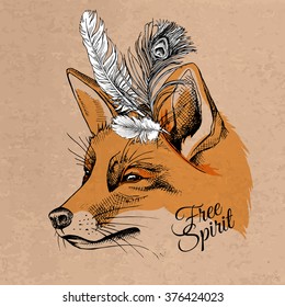 Fox portrait in a American indian headdress with feathers. Vector illustration.