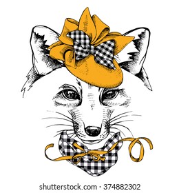 Fox portrait in a Elegant Women's hat with bow. Vector illustration.