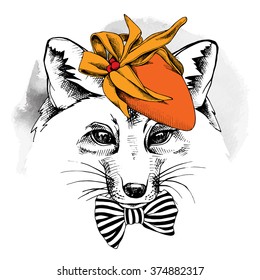 Fox portrait in a Elegant Women's hat with bow. Vector illustration.