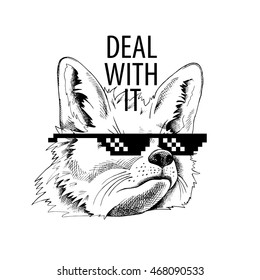 Fox portrait in a glasses "Deal with it". Vector black and white illustration.