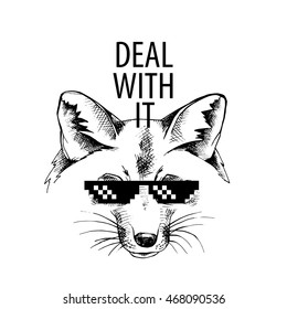 Fox portrait in a glasses "Deal with it". Vector black and white illustration.