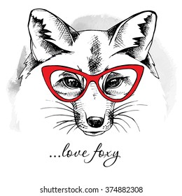 Fox portrait in red glasses. Vector illustration.
