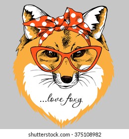 Fox portrait in a red headband with glasses. Vector illustration.