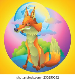 Fox posing at the moon cartoon illustration