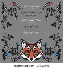 Fox postcard with floral ornate background. Can be used for valentine card, wedding invitation, greeting card.