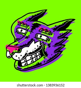 Fox Proton Purple. Fox Head. Fox Head Dirty Art style. Cartoon Fox Dirty Art style on Ufo Green background isolated. Stock Vector Illustration. Cartoon style