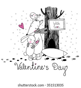 Fox, rabbit, bird and tree. Winter. Hand drawing isolated objects on white background. Vector illustration. Text Valentine's Day