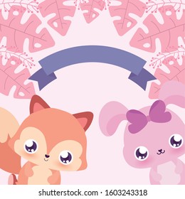 fox and rabbit cartoon with leaves design, Kawaii expression cute character funny and emoticon theme Vector illustration