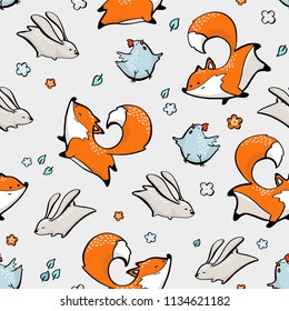 Fox, rabbit, chicken seamless pattern. Vector illustration