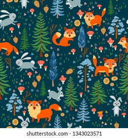 Fox and rabbit childish Seamless Pattern. Woodland animals. Vector illustration. Cartoon characters in flat style. The design concept for children. Wrapping, notebooks, labels, accessories-school.