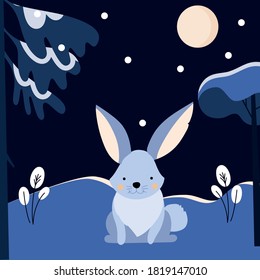 Fox Rabbit Cute Animal Forest Night Moon Snow