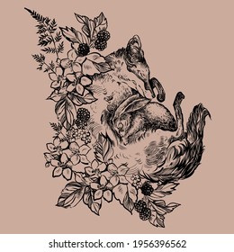 Fox, rabbit, flowers, berries, in the style of tattoo graphics. t-shirt print graphic design. - Vector