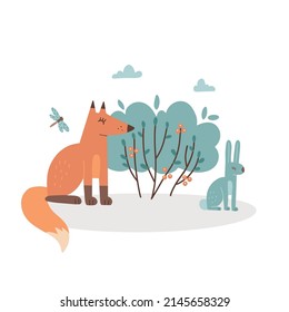 Fox and rabbit in the foliar forest. Isolated comic scene of Hunting. Summer forest animals print concept. Hand drawn childish vector illustration