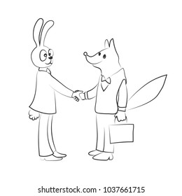 Fox and rabbit handshake. Vector black and white sketch outline drawing image.