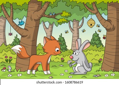 Fox and rabbit meet in the woods. Vector illustration with separate layers.