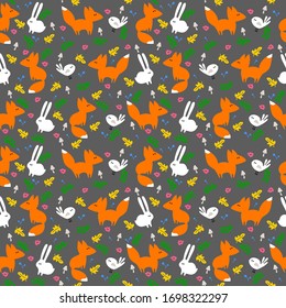 Fox and rabbit pattern. Animal seamless pattern. Animal and flower pattern.