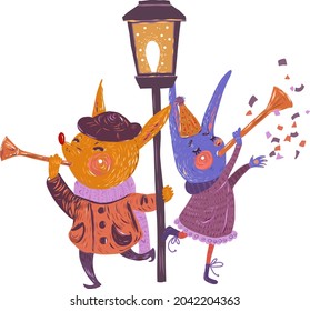 Fox and Rabbit plays trumpet. Christmas postcard. Vector hand painted composition. Can be used for greeting card, t-shirt print design, books, wall picture.