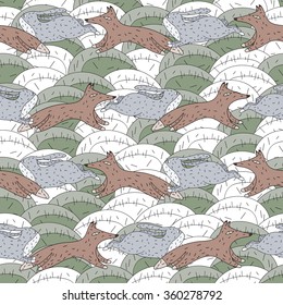 Fox and rabbit pursuit seamless background wallpaper pattern