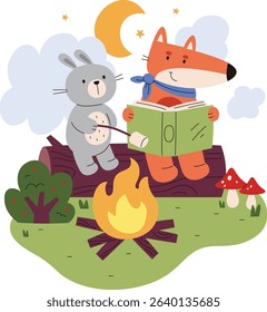 A fox and rabbit sit by a campfire, reading a book under the moon in a playful cartoon style. The scene includes trees, mushrooms, and a glowing fire with stars above. Cartoon vector illustration.