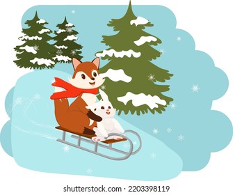  ein Fuchs und ein Kaninchen schneebedeckten Berg auf einem Schlitten