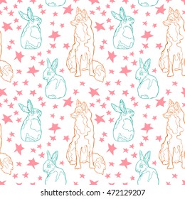 Fox, rabbit and stars. Seamless vector pattern (background).