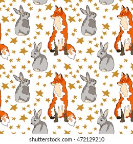 Fox, rabbit and stars. Seamless vector pattern (background).