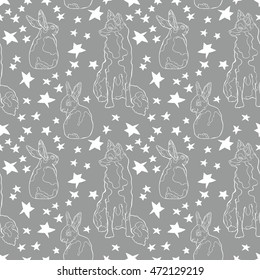 Fox, rabbit and stars. Seamless vector pattern (background).