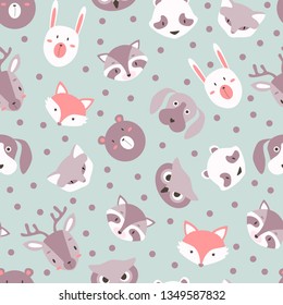 Fox, raccoon, dog and owl cute vector animal seamless pattern