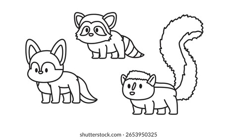 Fox Raccoon Skunk Desenho Animado Mínimo Doodle Personagem Bonito
