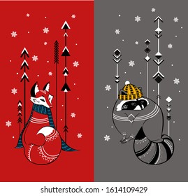 fox and raccoon in winter in the forest