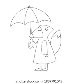 A fox in a raincoat under an umbrella. Doodle. Vector. Hand-drawn illustration. Silhouette. Black and white outline. Coloring.