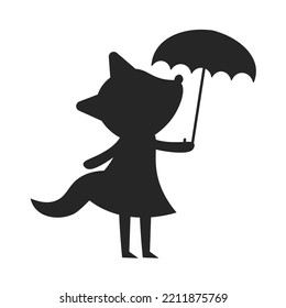 A fox in a raincoat under an umbrella. Doodle. Vector. Hand-drawn illustration. Silhouette. Black and white outline. Coloring. EPS