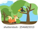 
Fox and the Raven Fable Vector Cartoon Illustration
Classical fable tale of a bird deceived by a clever animal 

