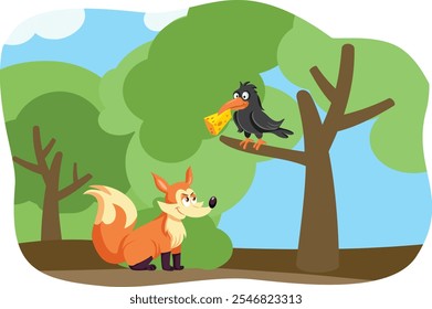 
Fox and the Raven Fable Vector Cartoon Illustration
Classical fable tale of a bird deceived by a clever animal 
