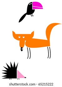 Fox, raven and hedgehog vector illustration