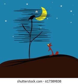 the fox, the raven and the moon like a piece of cheese(the fox fooled by the raven)